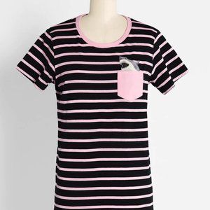 Dangerfield Pink and Black stripe T- shirt with shark bite pocket, Size AU12